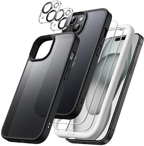 JETech 5 in 1 Matte Case for iPhone 15 6.1-Inch with 2-Pack Each Tempered Glass Screen Protector and Camera Lens Protector, Translucent Back Shockproof Phone Cover (Black)