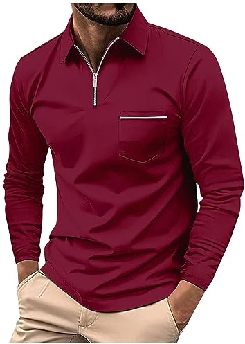 FeiBeauty Herren T-Shirt T Shirt Jungs T-Shirt Herren Weiß Zipper Revers Langarm Tasche Polohemd Einfarbig Regular Fit Polo Shirt Mit Brusttasche Hemd (Rot, XL)