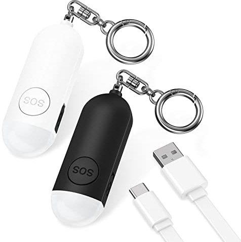 Ankilo Persönlicher Alarm, Taschenalarm Schlüsselanhänger 130 dB Panikalarm Selbstverteidigungsalarm mit LED-Lampe für Frauen Kinder Mädchen Ältere Menschen 2er-Pack Weiß&Schwarz
