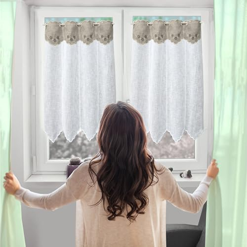 FacilCasa 2 Tende per Interni a Vetro Finestra + 2 Mantovane Ricamate - Coppia Tendine Finestra a Vetro per Cucina, Bagno e Soggiorno - Made in Italy H120 x L60 cm