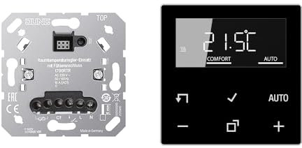 JUNG Home Raumthermostat-Set mit 1790RTR Raumtemperaturregler-Einsatz mit Fühleranschluss + BTA1791SW Raumthermostat-Display Glas Schwarz Serie A