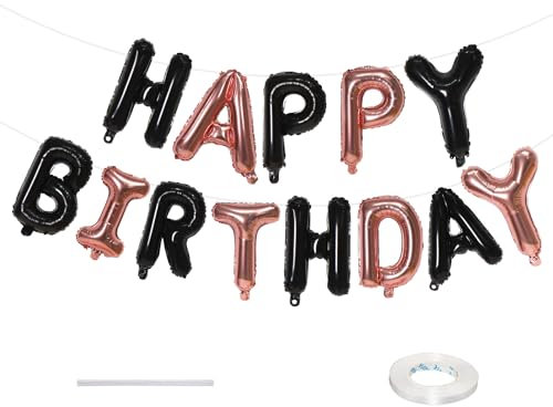 Happy Birthday Rose Gold Banner - 16 Inch Foil Black Letter Balloon Sign Bunting Self Inflating for Girls Women Party Decorations Supplies