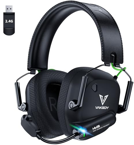 Vakedy Cuffia Gaming Wireless per PC, PS4, PS5, Mac, Switch Auricolare Gaming 2.4GHz USB con Microfono Bluetooth, Driver da 50mm, Batteria da 50 Ore, Bassa Latenza, Leggero (Nero/Verde)