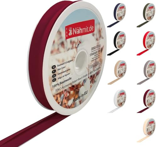 Nähmit 25 Meter Rolle 100% Baumwoll Schrägband, Baumwolle vorgebügeltes Einfassband 20mm breit 40/20 (A10-Bordeaux, 25m Rolle)