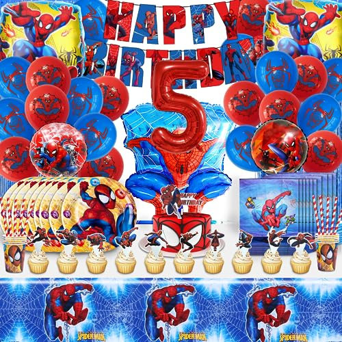 Spiderma 5 años decoración de cumpleaños globos Spiderma 5 años vajilla fiesta cumpleaños Spiderma 5 años vajilla fiesta cumpleaños niño niño incluye globos, platos, taza, mantel, servilletas