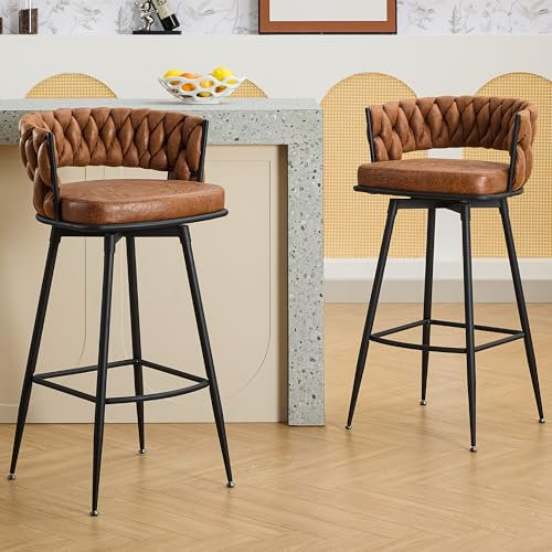 LONXIU Barhocker 2er Set Küchenhocker mit gewebte Lehne und Fußstütze, Drehbar Barstuhl PU-Kunstleder Sitzhöhe 79 cm, für die Küche, Esszimmer, Hausbar, Brillant Braun