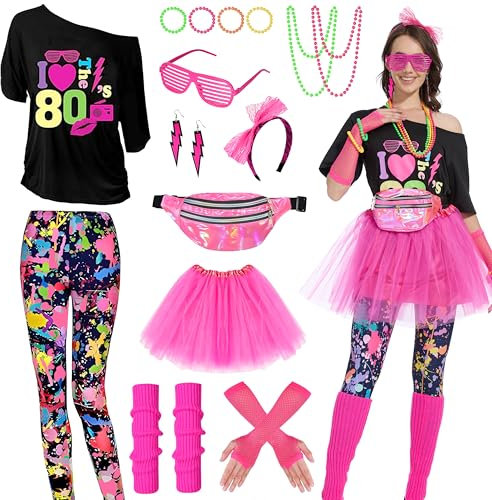 Aragallant Déguisement Années 80 Femme, T-shirt Année 80, Vêtements Années 80 avec Jupe Tutu, Jambières, Bandeau, Colliers, Gants Résille, Disco Fête Néon Costume Adulte pour Carnaval (Couleur, L)