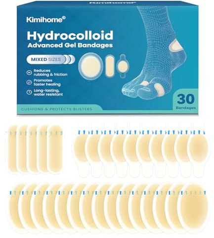 Hydrocolloid Blister Bandages for Feet - 30ct Gel Blister Bandages - Blister Cushions for Heel, Toe - Blister Prevention for Travel - Water Resistant Bandages Pads (Variety Pack)