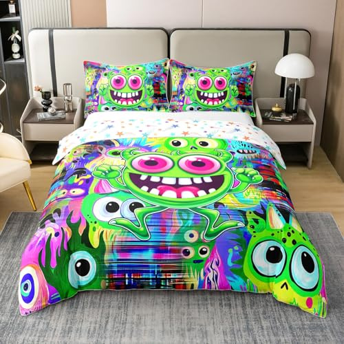 Loussiesd Cartoon Monster 100% Cotton Duvet Cover Single Kids Green Alien Bedding Set Graffiti Style Comforter Cover Set Room Decor Bedspread Cover No Stuffing