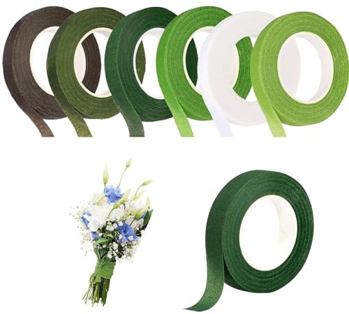 Canollo 6 Stück Floristenband, Floristenkrepp Blumenband, Floristenband Grün, 162m Floral Tape, Floristenkrepp Set, Kreppband Selbstklebend für Bouquet DIY Kunsthandwerk (27m/Rolle)