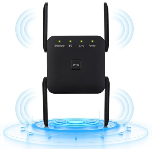 Anluomafuy Repetidor Extensor de Red WiFi, 1200 Mbps Amplifier, Doble Banda 5 GHz y 2.4 GHz, Powerful Repeater with Ethernet Port, Compatible with All Internet Boxes, Fácil instalación Acción (Negro)
