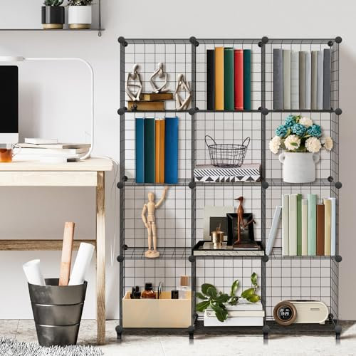 12 Cube Wire Storage Shelves, Multifunctional DIY bookcases and Shelving Units, Metal Wire Mesh Shelves, Interlocking Storage Rack for Office/Livingroom/kitchen/Bathroom, Each Cube 30 x 30 x 30 cm