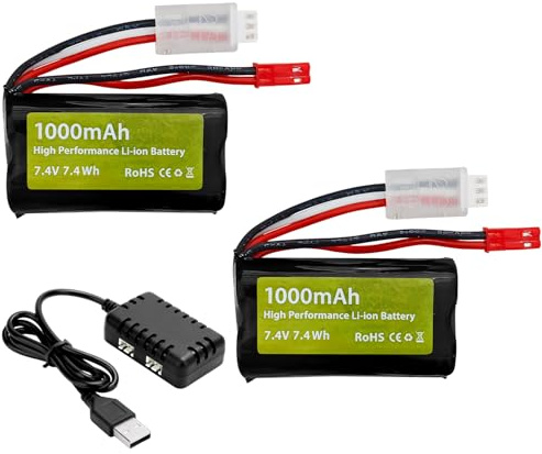 2PCS 7.4V 1000mAh 2S Li-ion Batterie mit JST-Stecker und 2-in-1 Ladegerät für RC-Fernsteuerwagen, LKW, Baufahrzeuge, Fernsteuerboote, Bagger, Spielzeugautos