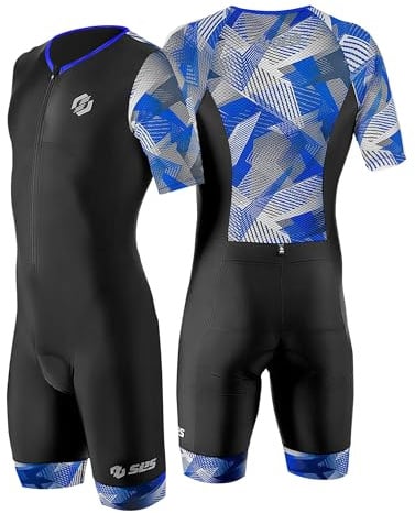 SLS3 Triathlon Anzug Herren - Trisuit Einteiler – Triathlonanzug - Triathlon Einteiler - Aerodynamischer Kurzarm Trisuit, (Black/Blue Geo, L)
