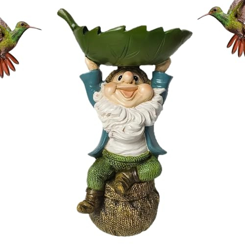 Gnome Bird Feeder for Outdoors - Resin Bird Bath Waterer with Leaf Bowl | Cute Garden Gnome Statue Feeder for Birds | Yard, Lawn, Patio, Deck, House Outdoor Garden Decoration Accessory