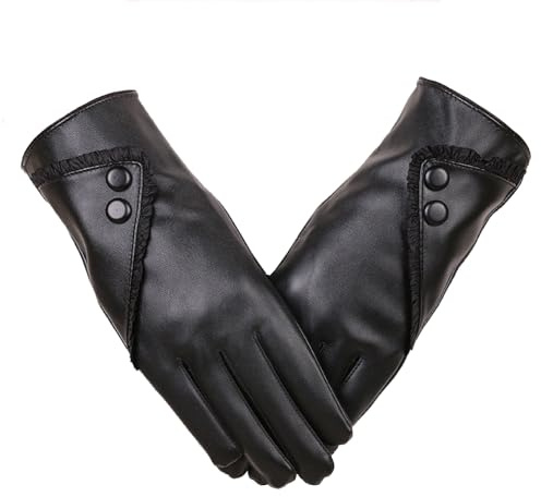 MEOAlBkey Black Leather Gloves for Women, Winter Touchscreen Glove Fashionable Waterproof Thermal Lined PU Leather Gloves Ideal Gifts for Women & Mothers Driving Gloves