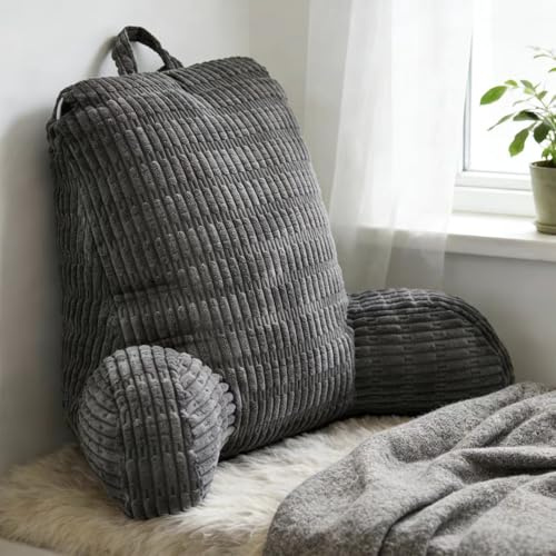 Orifesio Lesekissen für Bett und Sofa, Rückenkissen mit Armlehnen, 80x55cm Groß Rückenlehne Kissen für Erwachsene, Reading Pillow mit Seitentasche zum Lesen, Fernsehen und Entspannen, Dunkelgrau