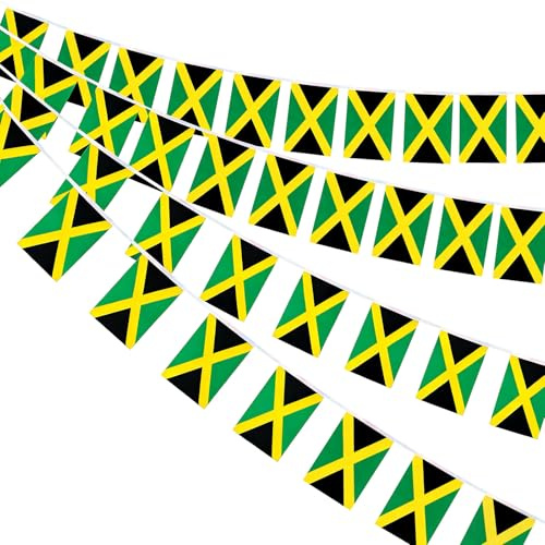 AhfuLife Jamaika Wimpelkette mit 30 Klein Stück Jamaikanisch Flaggen, 2 Stück Beidseitig Rechteck Stoff Jamaika Wimpel Fahne für Reggae Festival Karneval 2026 Restaurant Bar Zaun Deko