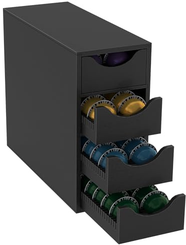 Suli Coffee Pod Holder, 4 Tier Coffee Capsule Storage Organizer with Drawer, Large Capacity Countertop Rack for 104 Pods, Wood, Black