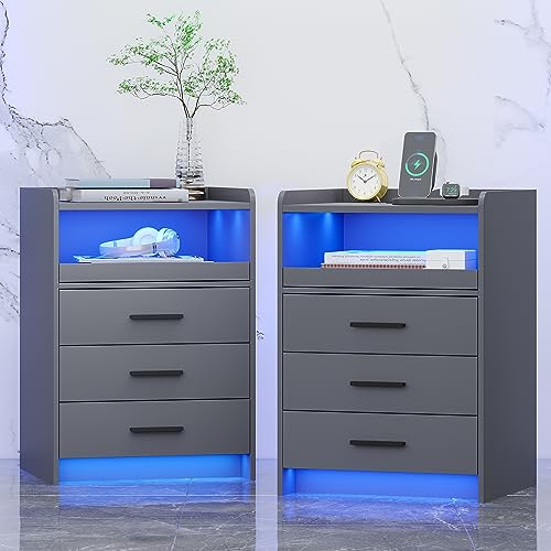 TAGELIER Nachttisch 2er Set mit Ladefunktion, LED Nachttisch mit RGB-Licht und menschlichem Sensor-Design, Bedside Table mit 3 Schubladen für Schlafzimmer Wohnzimmer Büro, Grau