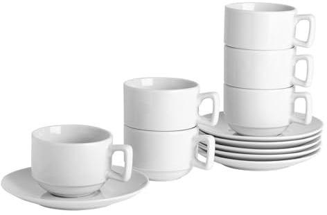 Argon Tableware Ensemble de Tasses/soucoupes Blanches - 200 ML (7 oz) - 6 Tasses et 6 soucoupes