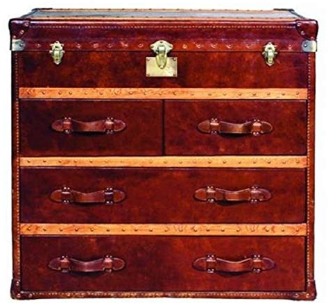 Casa Padrino Luxus Art Deco Kommode Vintage Braun 107 x 53 x H. 102 cm - Handgefertigte Echtleder Truhe mit 4 Schubladen und Deckel