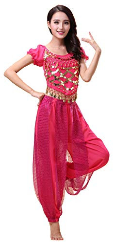 Grouptap Bollywood Indian Princess Theme Bauchtanz 2-teiliges Kostüm Set Outfit für Frauen Mädchen mit Oberteil und Hose (150-170cm, 30-60kg) (Rosa)