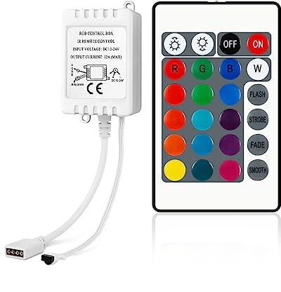 VIPMOON 24-Key IR Wireless Remote LED Controller with 4-Pin IR Receiver, DC 12V/24V RGB Control Box IR Remote Controller for SMD 3528, 5050, and 2835 RGB LED Strip Lights