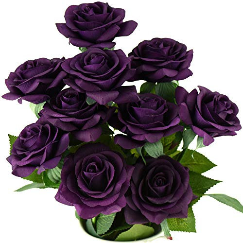 FiveSeasonStuff 10 Stems Real Touch Roses Artificial Flower Silk Roses ‘Petals Feel and Look like Fresh Roses' Bouquet of Flowers Floral Arrangements (Deep Purple)