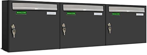 AL Briefkastensysteme Basic 3er Briefkasten RAL 7016 Anthrazit Grau/Einwurfklappe RAL 9006 Weiß Aluminium 3 Fach DIN A4 wetterfest mit Posthaltebügel und 2 Namensschildern