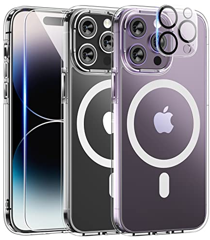 TAURI für iPhone 14 Pro Max Max Hülle 6,7 mit Panzer Schutz Glas Folie und Kameraschutz, Kompatibel mit MagSafe, [Anti-Vergilbung] Stoßfest Magnetisch Handyhülle - Durchsichtig