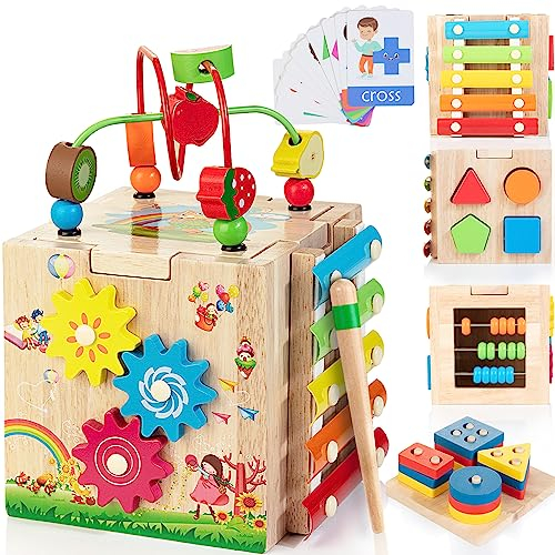 Bravmate Aktivitätswürfel aus Holz, 8-in-1 Montessori Lernspielzeug aus Holz für 18 Monate + Kleinkinder, einjähriges Spielzeug zum Geburtstag, Babyspielzeugset mit Bonus-Sortier- und Stapelbrett