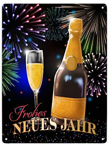 Frohes neues Jahr Metallschild XXL in 28x38 cm mit Sekt und Feuerwerk als Dekoration für die Silvesterparty, um mit Freunden und Familie ins neue Jahr zu rutschen