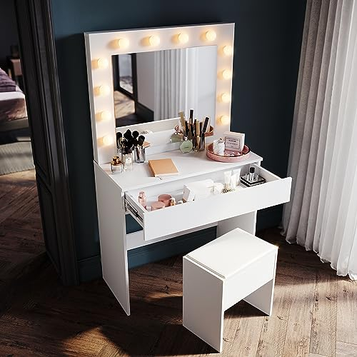 SONNI Schminktisch mit Hocker, Spiegel, Kosmetiktisch, Frisiertisch mit Schubladen, 12 LED-Beleuchtung,10 Einstellbarer Helligkeit, 3 Farben, intelligente Speicherfunktion, Holz, Weiß, 80x40x140cm.