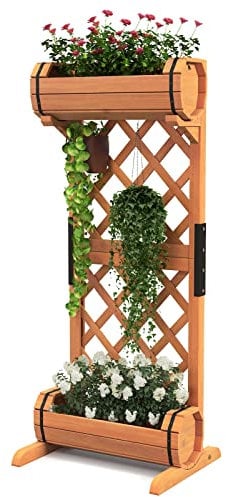 RELAX4LIFE Jardinière avec Treillis à 2 Niveaux, Bac à Fleurs en Sapin Amovibles pour Plantes Grimpantes, Jardinière sur Pieds, pour Terrasse Balcon Jardin Patio, 45,5X36X113 CM