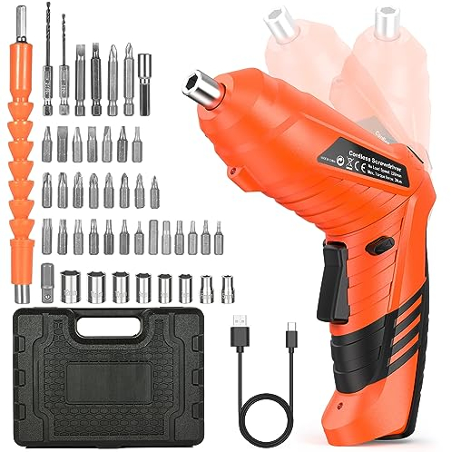 Destornillador eléctrico pequeño de 3,6 V, con batería, plegable 90°, juego de 47 accesorios, 2 direcciones de giro, luz LED, maletín, cable de carga USB