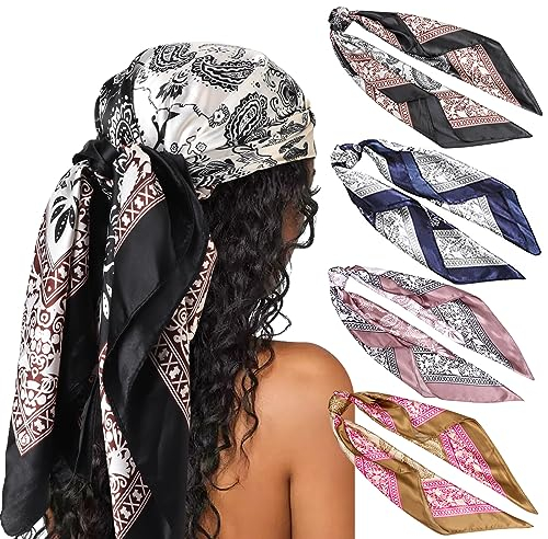DRESHOW 90x90cm Große Quadratische Schals für Damen 4 Stück Seide Kopftuch Bandanas Haartuch Halstuch Haarschmuck