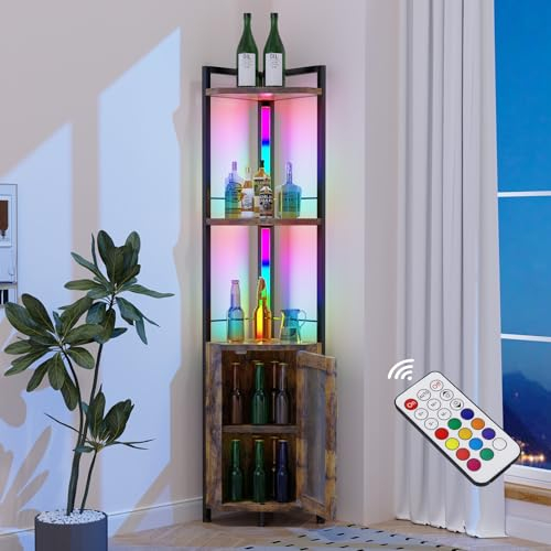 TARKARI RGB-Lichtleiste aus Eisen, Holz, Eckregal, hoch, Bücherregal, Dekoration, Barschrank mit Türen für Likör-Display, Eckregale, stehend für Wohnzimmer, Eck-Stehlampe