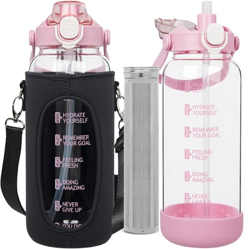 Seekua 2l Gourde Verre avec Paille & Infuseur en INOX 2 litres grande Bouteille d'eau Verre pour Thé en vrac, Café Infusé
