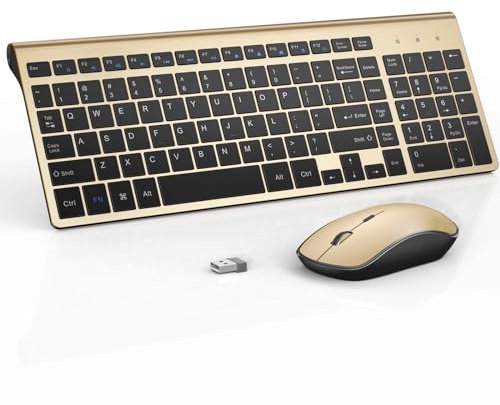 Ensemble clavier et souris sans fil, J JOYACCESS clavier et souris sans fil fin et compact, portable et confortable pour ordinateur portable/ordinateur/ordinateur de bureau/PC/noir/doré