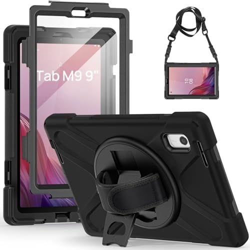 Gerutek Coque Antichoc Lenovo Tab M9 HD 2023, 9 Pouces+Protection d'écran, (TB-310FU), Étui de Armure Robuste avec Support Rotatif, Dragonne et Bandoulière Réglable, Housse pour Lenovo Tab M9 9, Noir