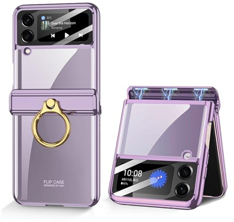 Furwabo Custodia Trasparente per Samsung Galaxy Z Flip 4 con Protezione Cerniera Magnetica e Supporto ad Anello & Fotocamera Proteggi Schermo, Placcatura Chiaro Antiurto Cover per Z Flip 4 (Viola)