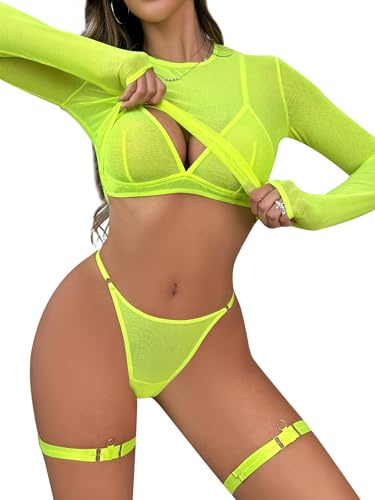 popiv Women 4 Piece Sexy Mesh Lingerie Set Rave Outfits Long Sleeve Crop Tops Bra and Panty Sets, Neon Green, Large