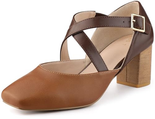 Allegra K Women's Cross Strap Chunky Heels Mary Jane Pumps, Brown, 5 UK