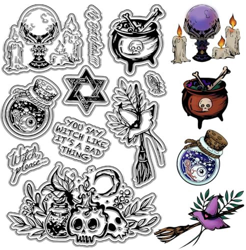CRASPIRE Transparente Totenkopf-Stempel, magische Hexe, magische Flaschen, Kerzen, Wort, wiederverwendbar, Retro, transparent, Silikonstempel, Siegel für Halloween, Dekoration, Journaling,