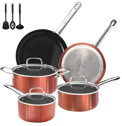 M MELENTA Juego de ollas y sartenes antiadherentes, 11 piezas de utensilios de cocina de cerámica, utensilios de cocina de inducción no tóxicos, juego de cocina con sartenes, cacerolas, apto para