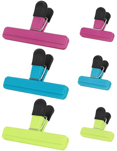 ShanBye Bag Sealer Clips, 6 PCS Food Pegs, Large & Small Sizes, Blue, Green, Rose Red Colors, Plastic with Stainless Steel, Heavy Duty Air Tight Seal Grip, Suitable for Home & Snack Kitchen Food
