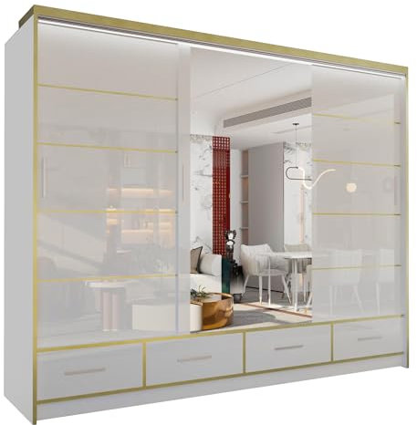 MN Furniture Sudenia High Gloss 2 & 3 Sliding Doors Wardrobe with Mirror, Drawers Cabinet with Storage Cabinets Hanging Rails Art Decor Closet in White, Black and Grey (White, 253cm)