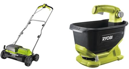 Ryobi RY18SFX35A-0 18V One+ Cordless 35cm Brushless Scarifier, 18 V, Vert & Épandeur à Main à Batterie 18V One+ - Débit et Largeur Épandage Réglables - Bac Capacité 4 L / 5 kg - Poignée