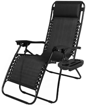 Folding Reclining Adjustable Zero Gravity Lounge Chair, Garden Chair Leisure Beach Chairs with Headrest and Cup Holder, Sun Loungers Powder-Coated Steel Frames, Sunlounger for Deck Chairs, Patio,Black